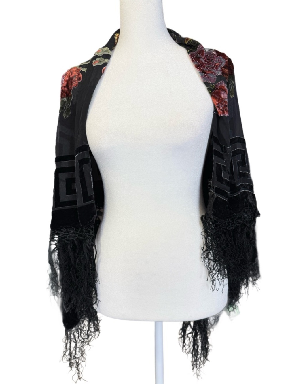 EUC Semi-Sheer Shawl with Velvet Design & Beading, 40”x40” - Picture 3 of 7